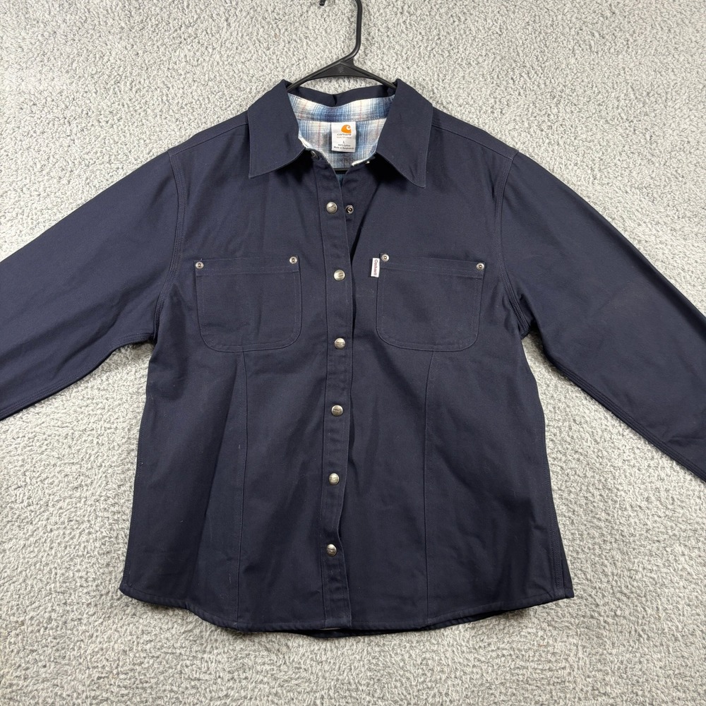 Carhartt Womens Navy Blue Canvas Flannel Lined Snap Button Work Shirt WS006MDT L